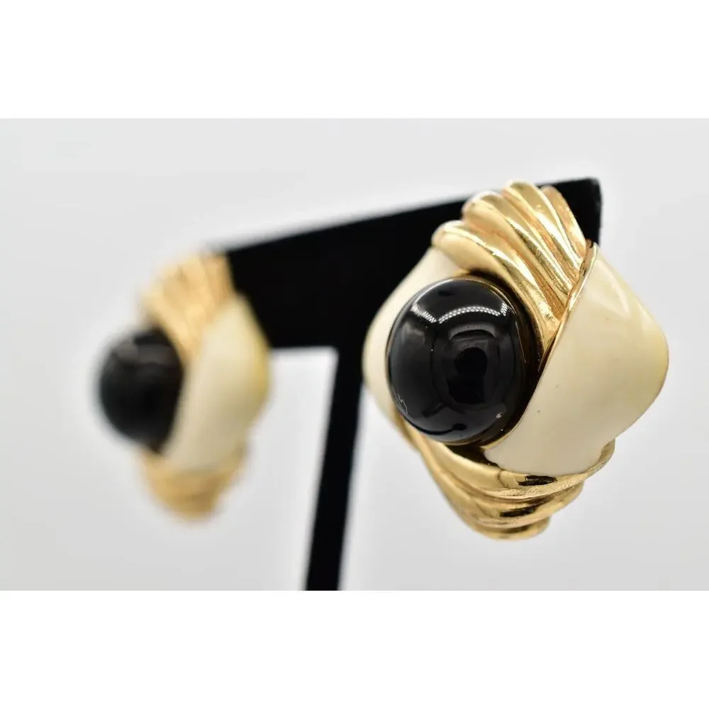 Ciner Vintage Cabochon Clip On Earrings Black Gold Heavy Chunky Signed 70s BinBB